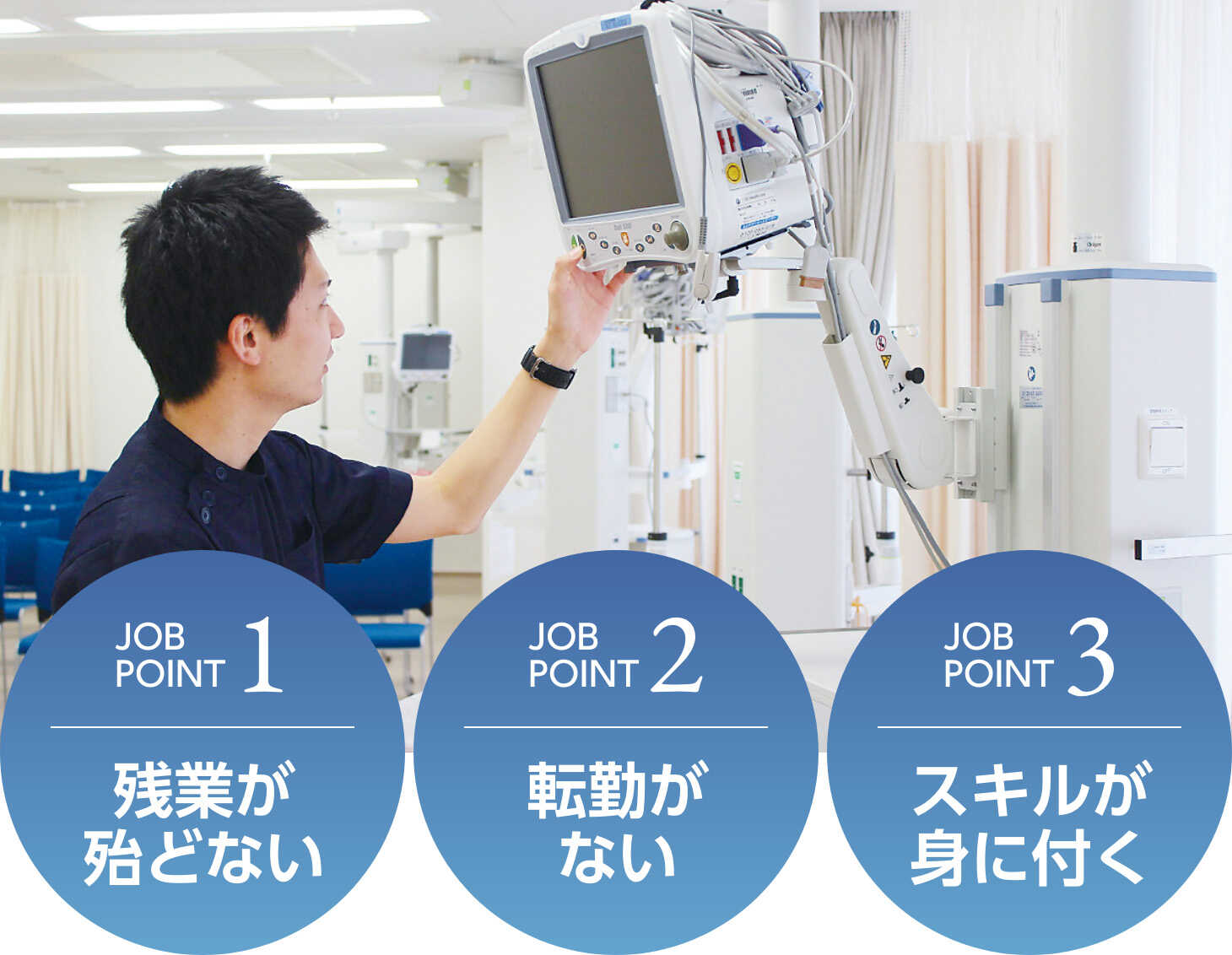 JOB POINT1 残業が殆どない、JOB POINT2 転勤がない、JOB POINT3 スキルが身に付く