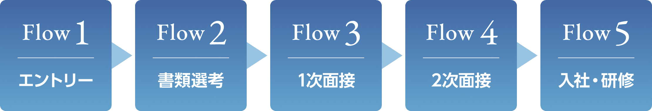 Flow1 エントリー、Flow2 書類選考、Flow3 1次面接、Flow4 2次面接、Flow5 入社、研修